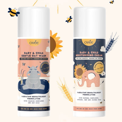 Two baby and child skincare products with cartoon designs on a white background.