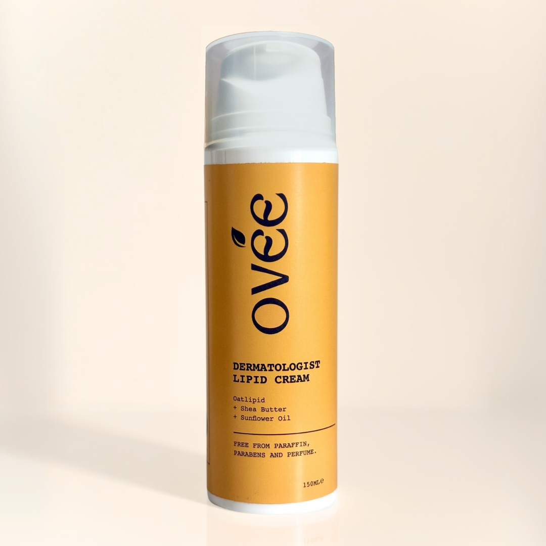 Ovée Dermatologist Lipid Cream 150ml, an amber airless pump bottle on a cream background