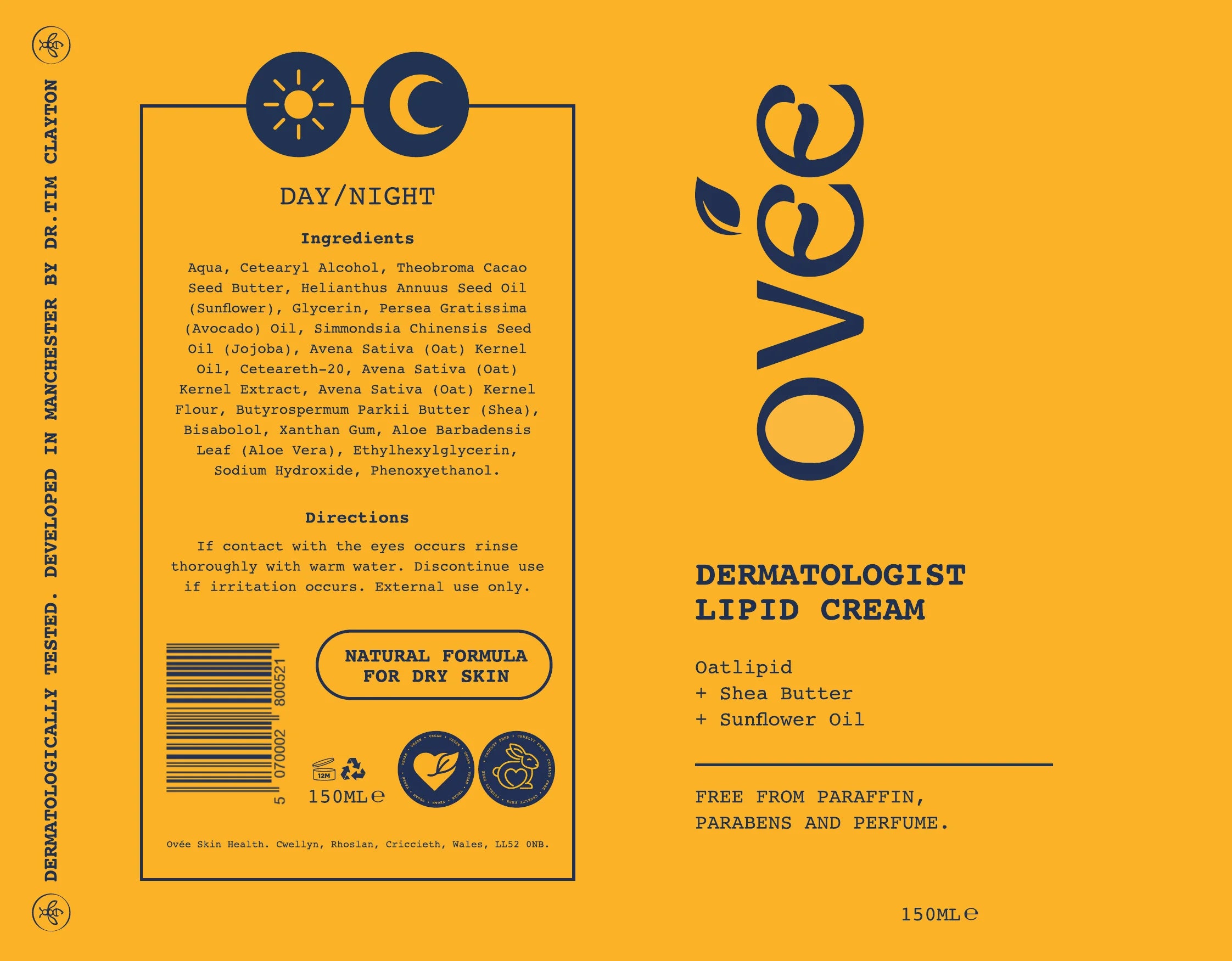 The full printed label of the Ovée Dermatologist Lipid Cream: front, back and spine